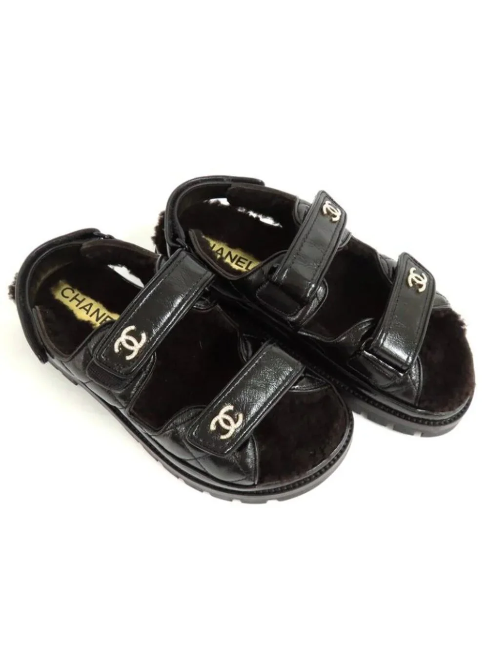 Chanel Sandals 23 K boa Rhinestone Coco Mark 38 Black Leather - Picture 2 of 10